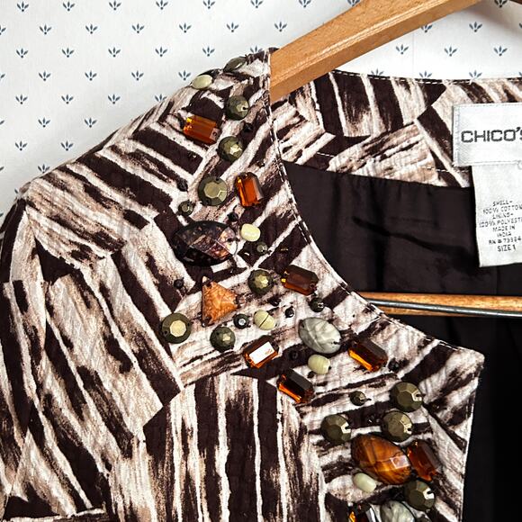 Chicos Beaded Dinner Jacket L 1 Brown Tan Resort Cruise Cocktail Holiday Glam - Picture 2 of 7